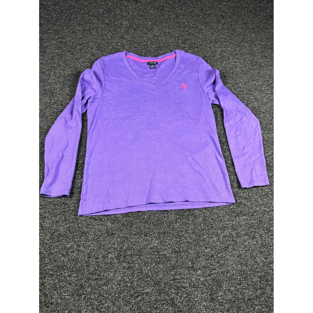 US Polo Assn Womens V Neck‎ Long Sleeve Shirt Purple XL Cotton Logo